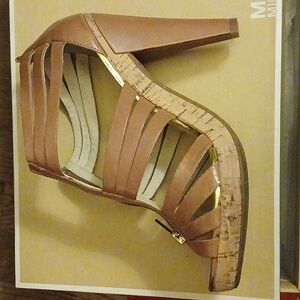 MICHAEL Michael Kors Leather T-strap Platform Caged High Heel Sandals Luggage